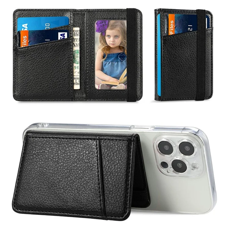 Adhesive Phone Card Bag Wallet Litchi Texture Leather Kickstand Card Holder - Black