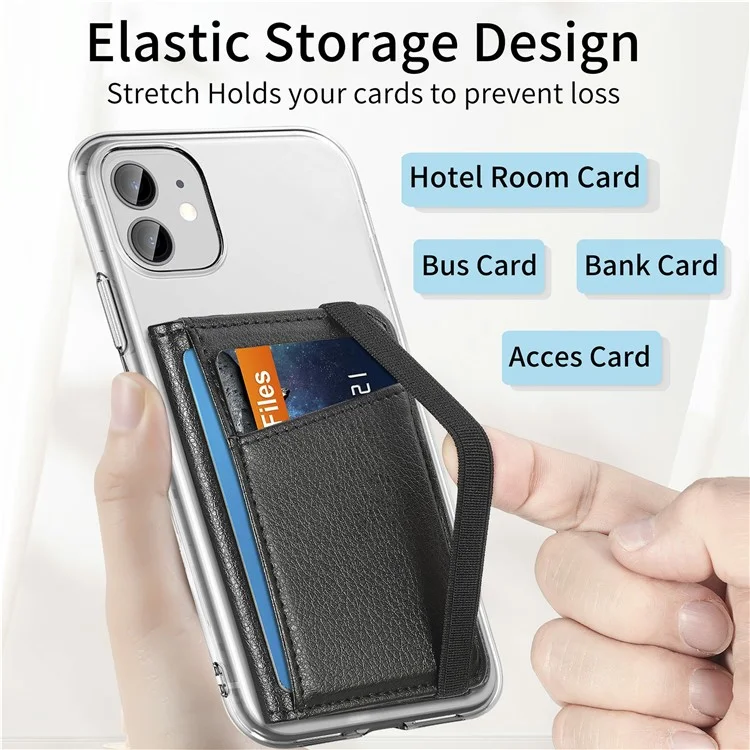 Adhesive Phone Card Bag Wallet Litchi Texture Leather Kickstand Card Holder - Black