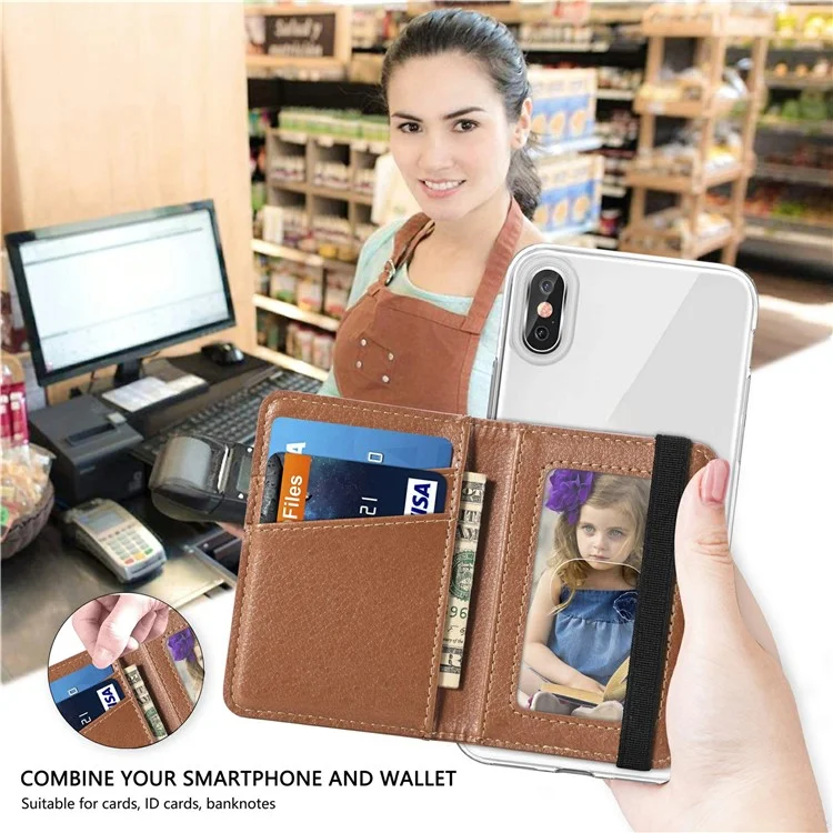 Adhesive Phone Card Bag Wallet Litchi Texture Leather Kickstand Card Holder - Black