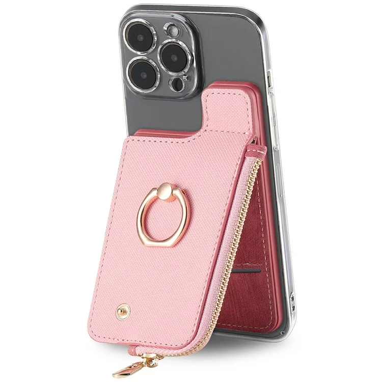 Ring Holder Card Bag Cross Texture PU Leather Zipper Wallet Card Holder - Pink