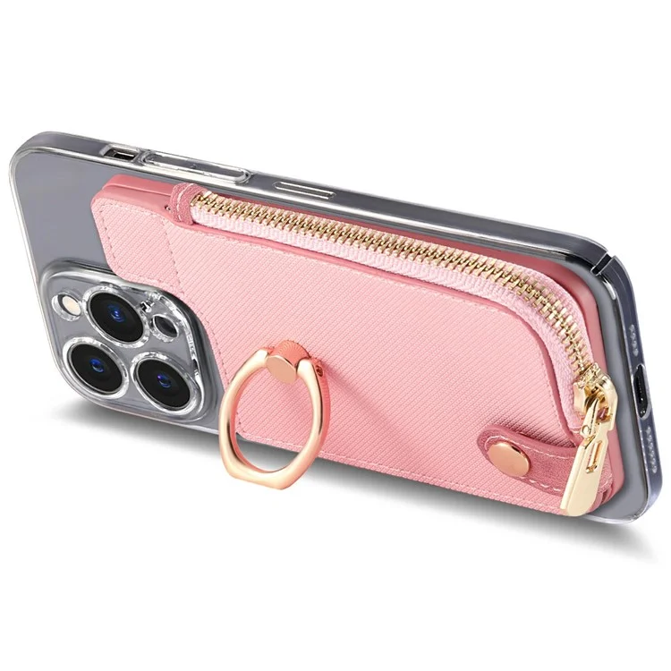 Ring Holder Card Bag Cross Texture PU Leather Zipper Wallet Card Holder - Pink