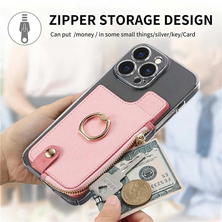Ring Holder Card Bag Cross Texture PU Leather Zipper Wallet Card Holder - Pink