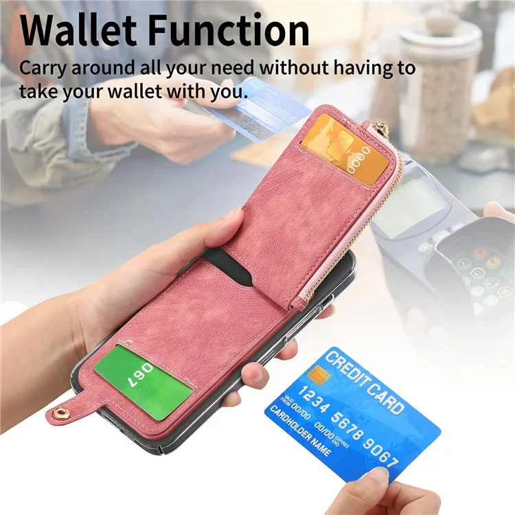 Ring Holder Card Bag Cross Texture PU Leather Zipper Wallet Card Holder - Pink