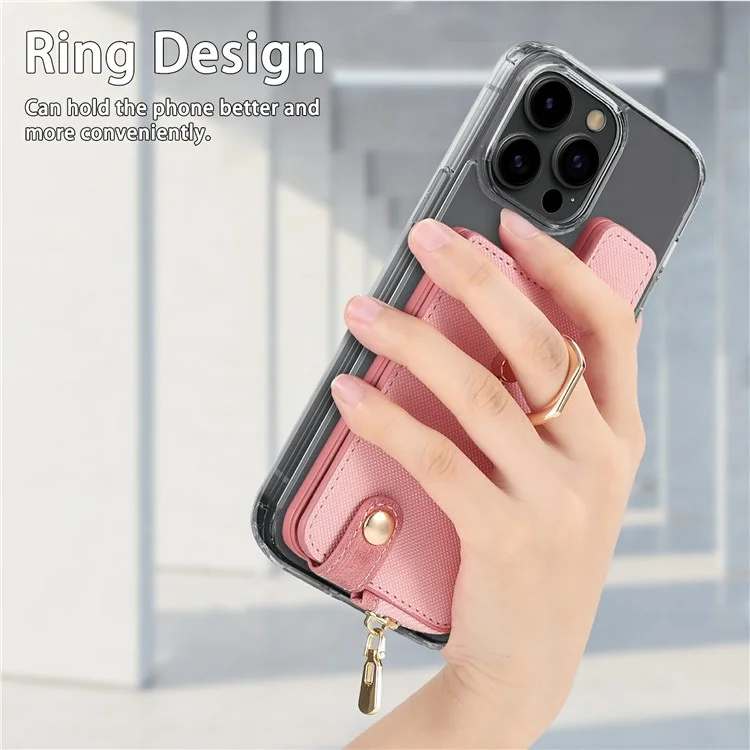 Ring Holder Card Bag Cross Texture PU Leather Zipper Wallet Card Holder - Pink