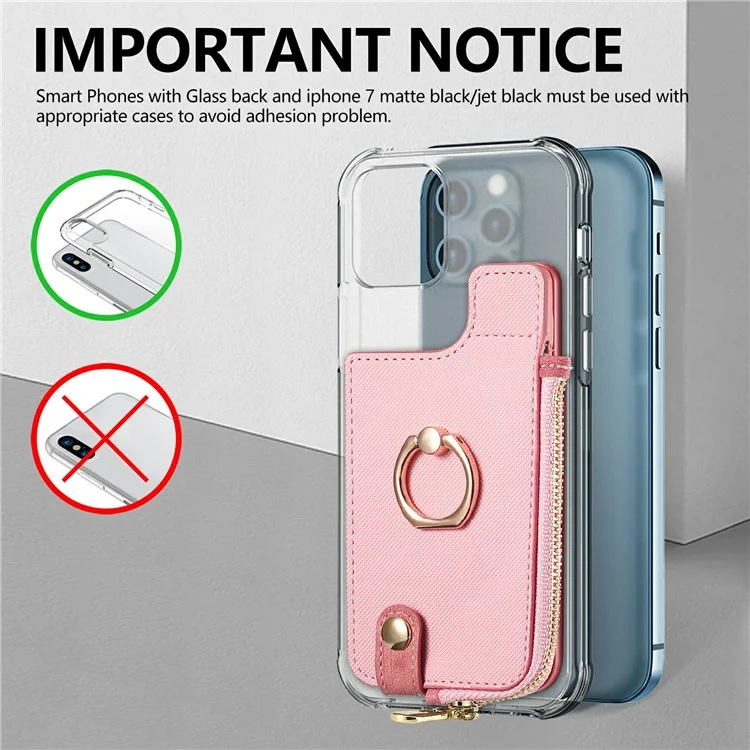 Ring Holder Card Bag Cross Texture PU Leather Zipper Wallet Card Holder - Pink