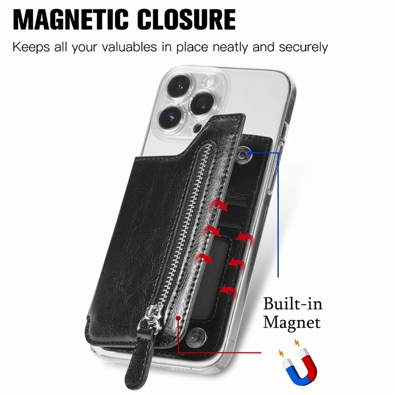 Porta Del Portafoglio Con Cerniera Del Telefono Con Cerniera in Pelle Appropriato di Cavendario - Nero