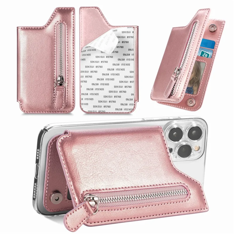 Telefon med lynlåsewallet, korttask, PU læder, klistret støtte, kortholder - Rosenød