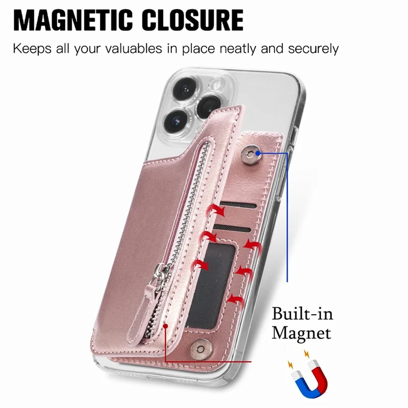 Telefon med lynlåsewallet, korttask, PU læder, klistret støtte, kortholder - Rosenød