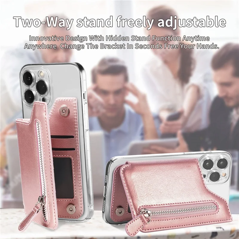 Telefon med lynlåsewallet, korttask, PU læder, klistret støtte, kortholder - Rosenød