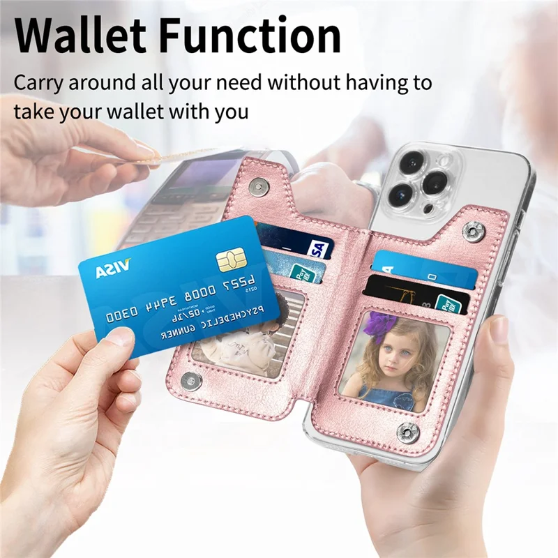 Telefon med lynlåsewallet, korttask, PU læder, klistret støtte, kortholder - Rosenød