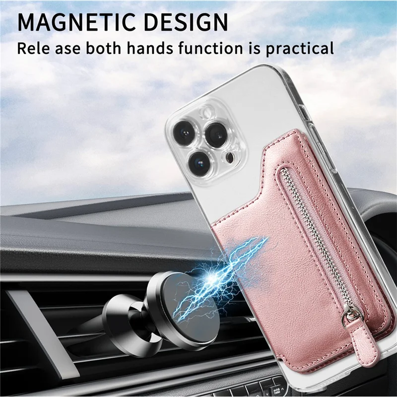 Telefon med lynlåsewallet, korttask, PU læder, klistret støtte, kortholder - Rosenød