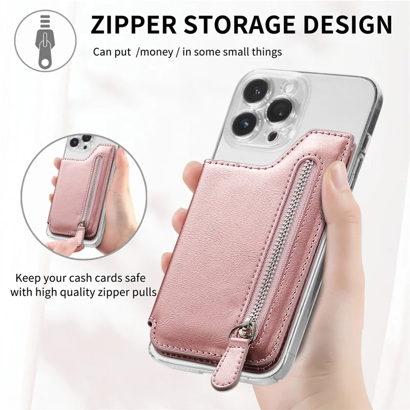 Telefon med lynlåsewallet, korttask, PU læder, klistret støtte, kortholder - Rosenød