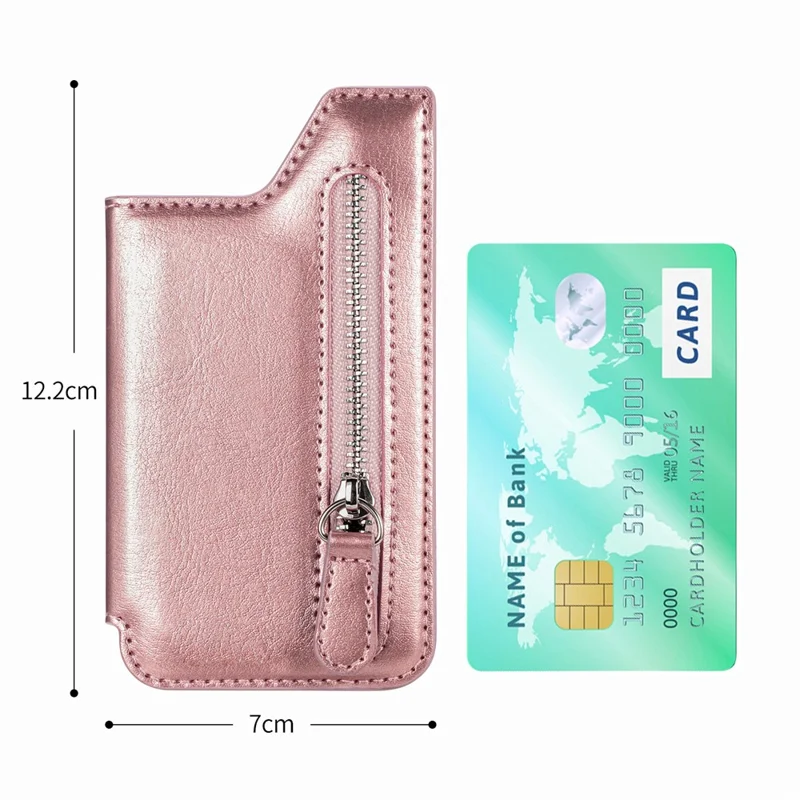 Telefon med lynlåsewallet, korttask, PU læder, klistret støtte, kortholder - Rosenød