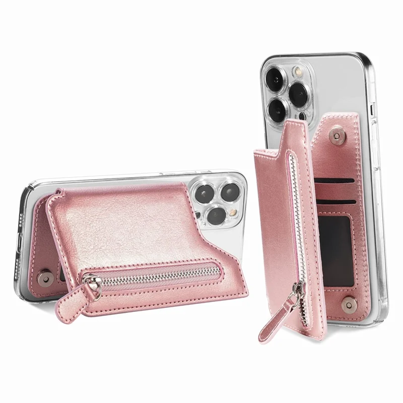 Telefon med lynlåsewallet, korttask, PU læder, klistret støtte, kortholder - Rosenød