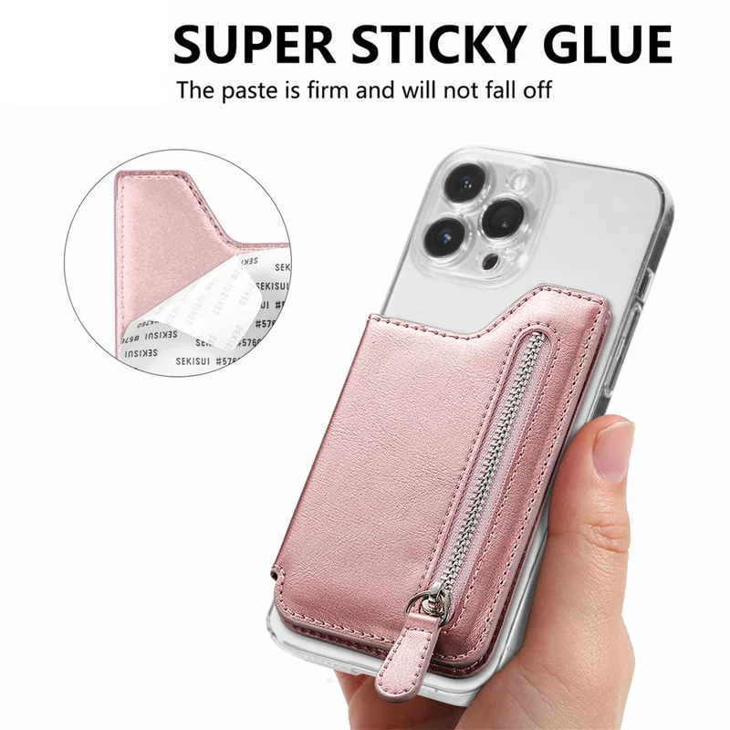 Telefon med lynlåsewallet, korttask, PU læder, klistret støtte, kortholder - Rosenød