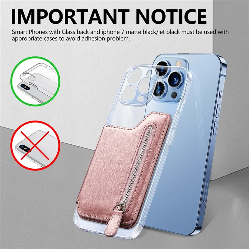 Telefon med lynlåsewallet, korttask, PU læder, klistret støtte, kortholder - Rosenød