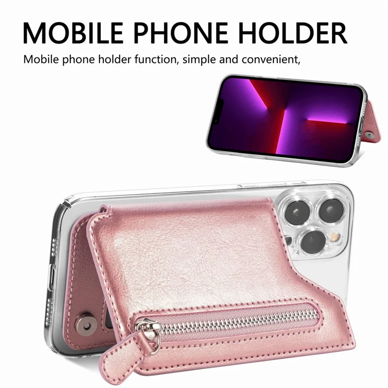 Telefon med lynlåsewallet, korttask, PU læder, klistret støtte, kortholder - Rosenød