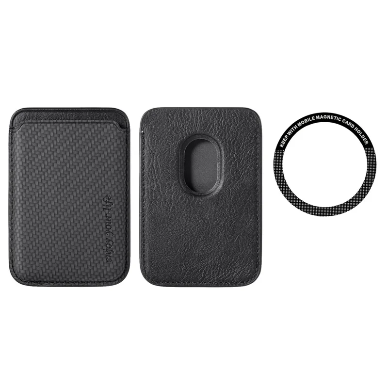 Magnetic Card Holder Carbon Fiber Texture PU Leather Phone Card Bag - Black