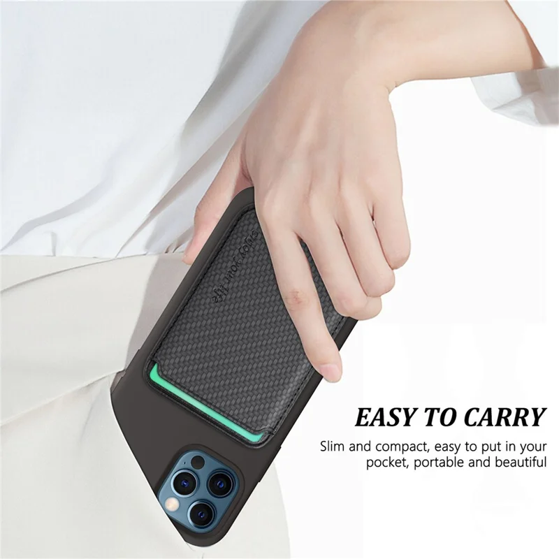 Magnetic Card Holder Carbon Fiber Texture PU Leather Phone Card Bag - Black