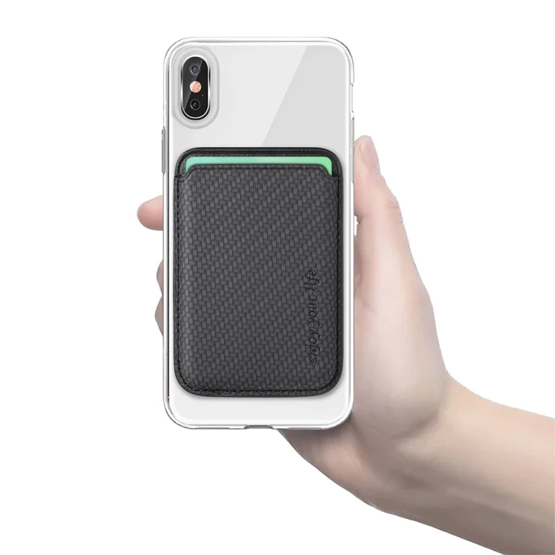 Magnetic Card Holder Carbon Fiber Texture PU Leather Phone Card Bag - Black