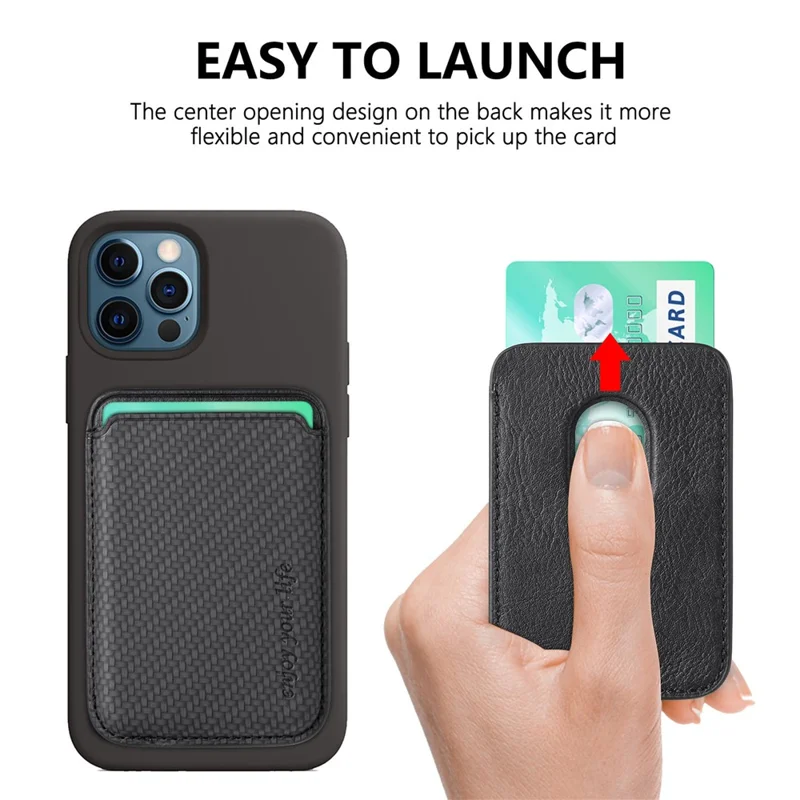 Magnetic Card Holder Carbon Fiber Texture PU Leather Phone Card Bag - Black