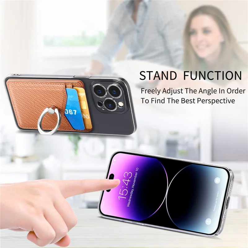 Adhesive Card Holder Carbon Fiber Texture Ring Kickstand Leather Card Bag - Brown