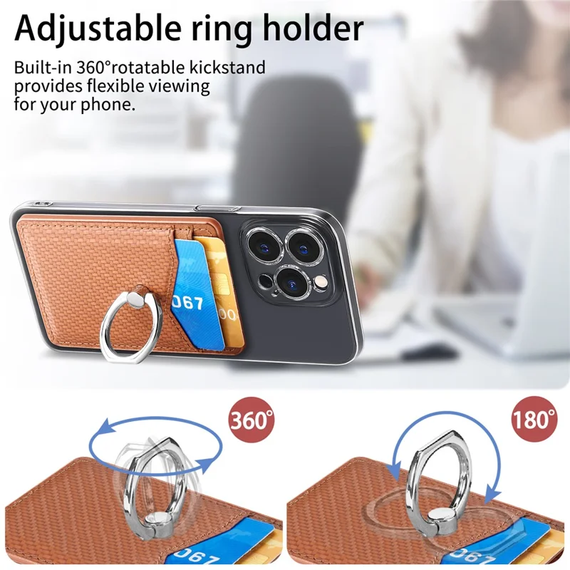 Adhesive Card Holder Carbon Fiber Texture Ring Kickstand Leather Card Bag - Brown