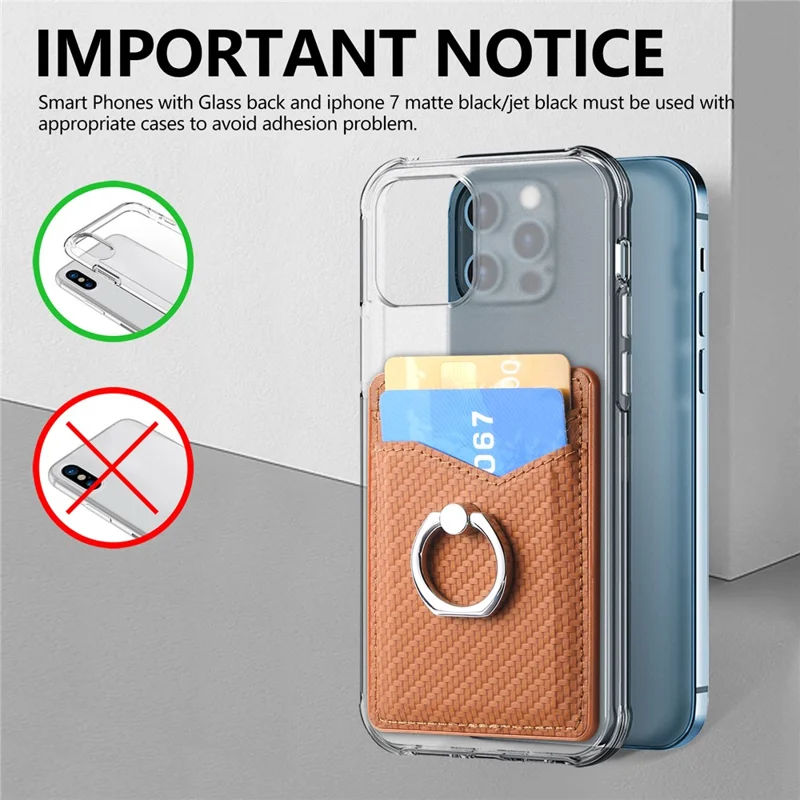Adhesive Card Holder Carbon Fiber Texture Ring Kickstand Leather Card Bag - Brown
