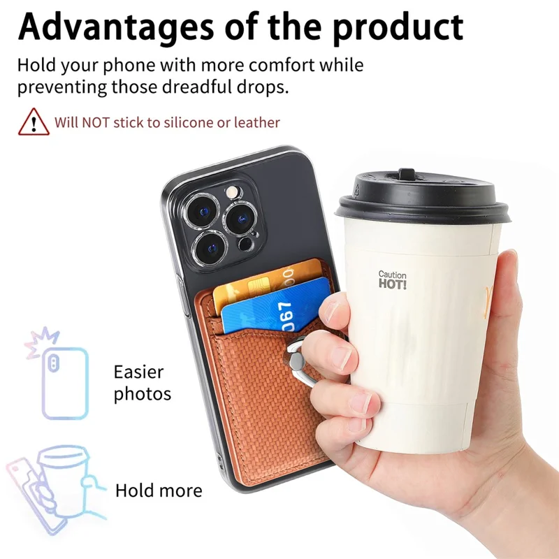 Adhesive Card Holder Carbon Fiber Texture Ring Kickstand Leather Card Bag - Brown