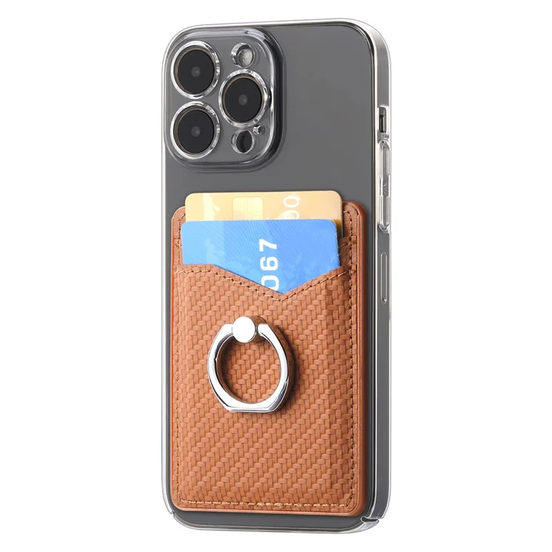 Adhesive Card Holder Carbon Fiber Texture Ring Kickstand Leather Card Bag - Brown