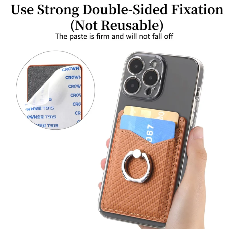 Adhesive Card Holder Carbon Fiber Texture Ring Kickstand Leather Card Bag - Brown