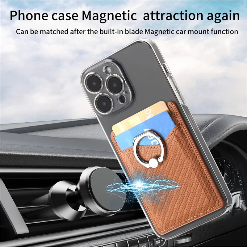 Adhesive Card Holder Carbon Fiber Texture Ring Kickstand Leather Card Bag - Brown