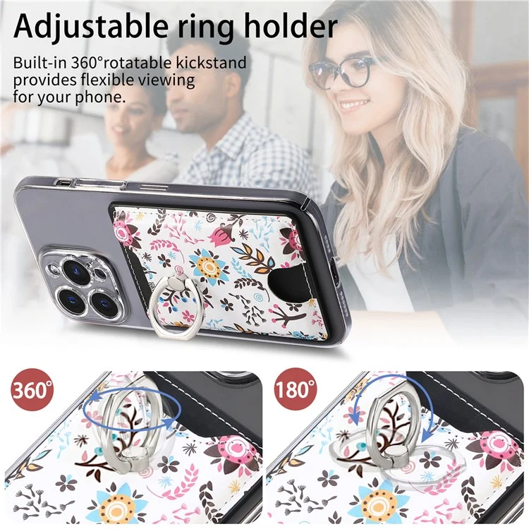 Ring Holder Kickstand Card Bag Flower Print PU Leather Adhesive Phone Card Slot - Black