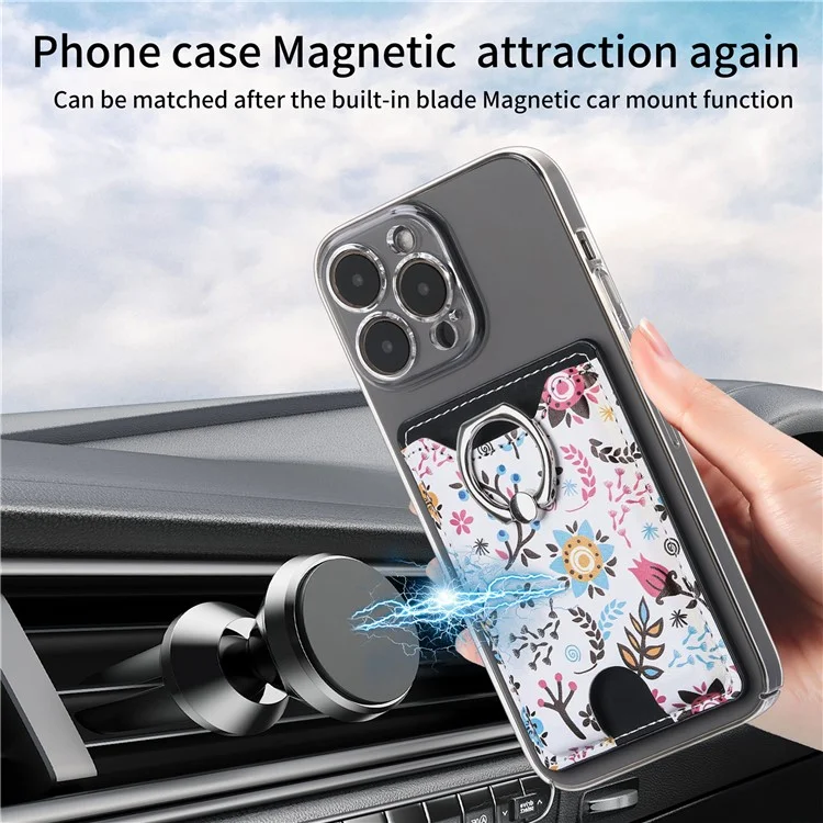 Ring Holder Kickstand Card Bag Flower Print PU Leather Adhesive Phone Card Slot - Black