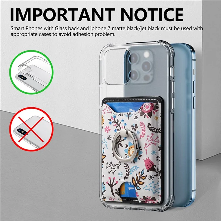Ring Holder Kickstand Card Bag Flower Print PU Leather Adhesive Phone Card Slot - Black