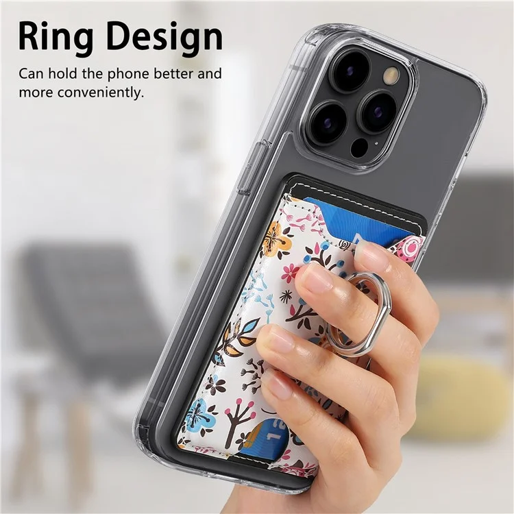 Ring Holder Kickstand Card Bag Flower Print PU Leather Adhesive Phone Card Slot - Black