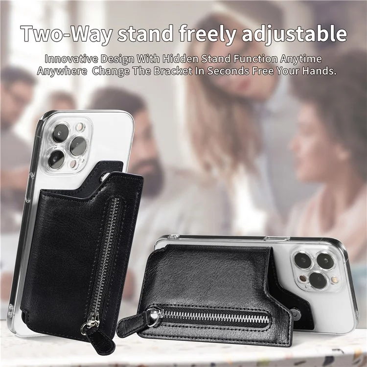 Retro Texture PU Leather Zipper Card Holder Bag Adhesive Kickstand Zipper Wallet - Black