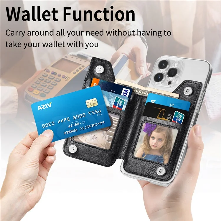 Retro Texture PU Leather Zipper Card Holder Bag Adhesive Kickstand Zipper Wallet - Black