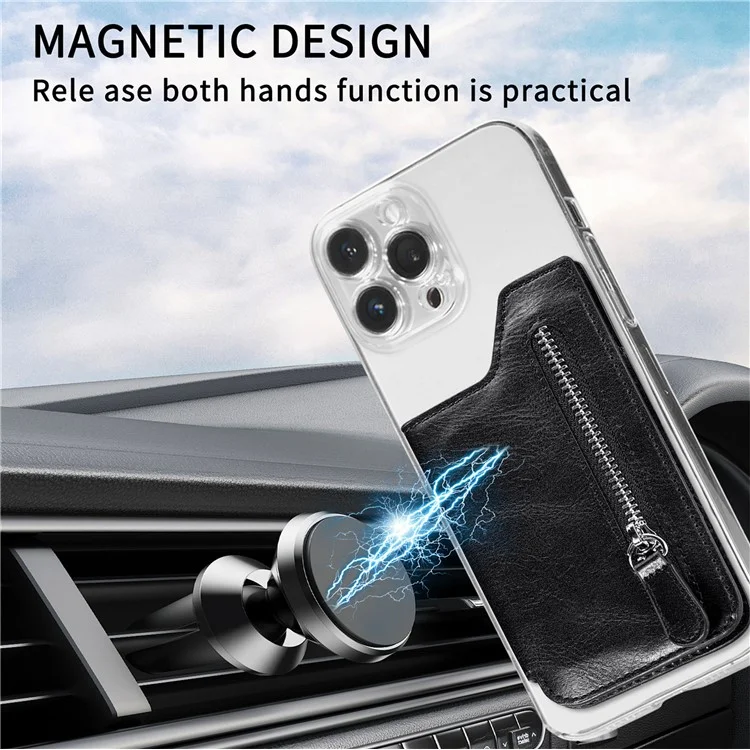 Retro Texture PU Leather Zipper Card Holder Bag Adhesive Kickstand Zipper Wallet - Black