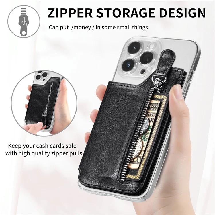 Retro Texture PU Leather Zipper Card Holder Bag Adhesive Kickstand Zipper Wallet - Black