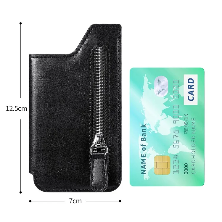 Retro Texture PU Leather Zipper Card Holder Bag Adhesive Kickstand Zipper Wallet - Black