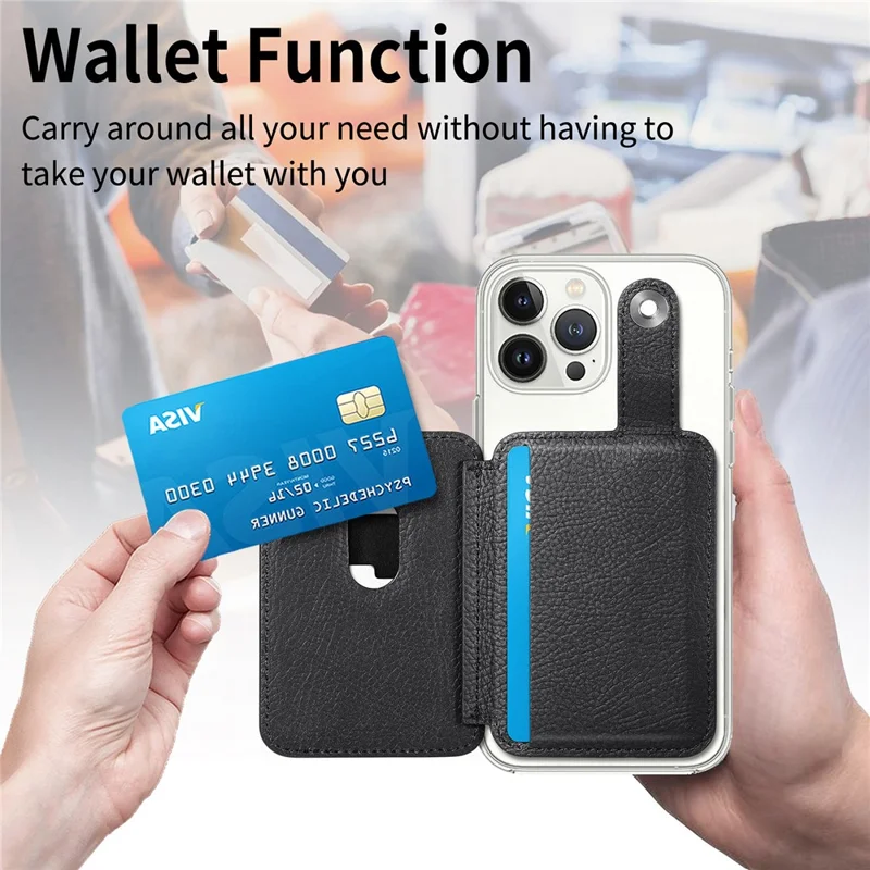 Phone Card Holder Carbon Fiber Texture Kickstand Adhesive PU Leather Card Bag - Black
