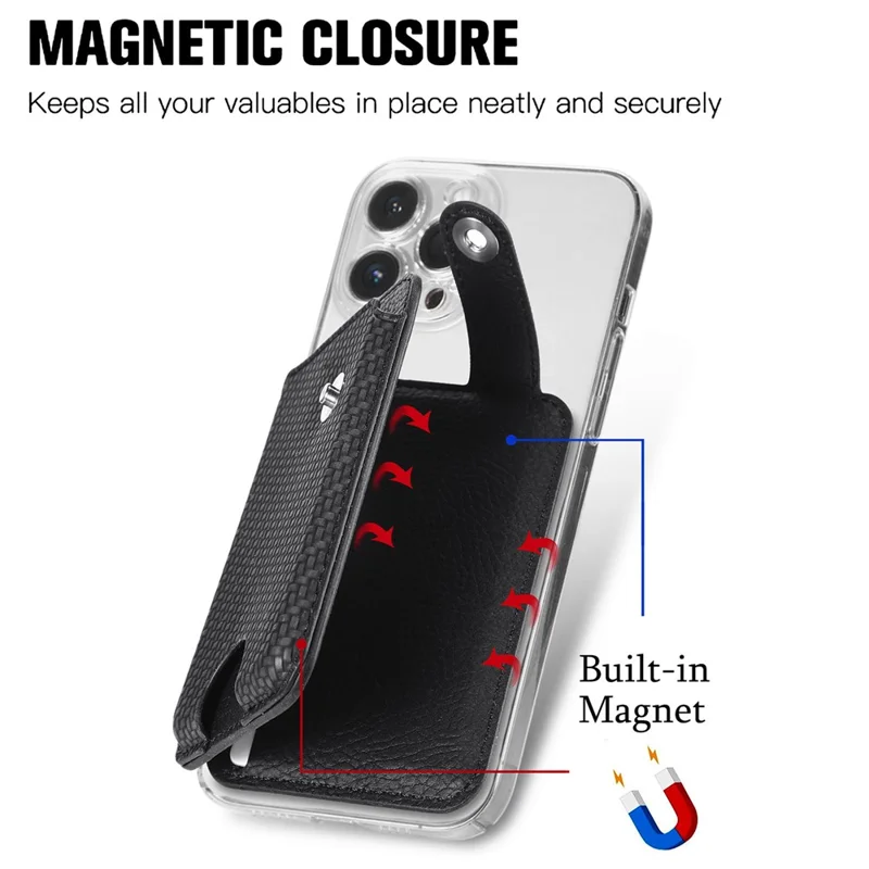 Phone Card Holder Carbon Fiber Texture Kickstand Adhesive PU Leather Card Bag - Black