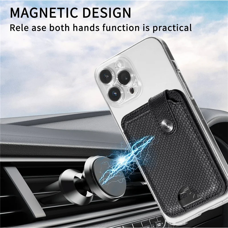 Phone Card Holder Carbon Fiber Texture Kickstand Adhesive PU Leather Card Bag - Black