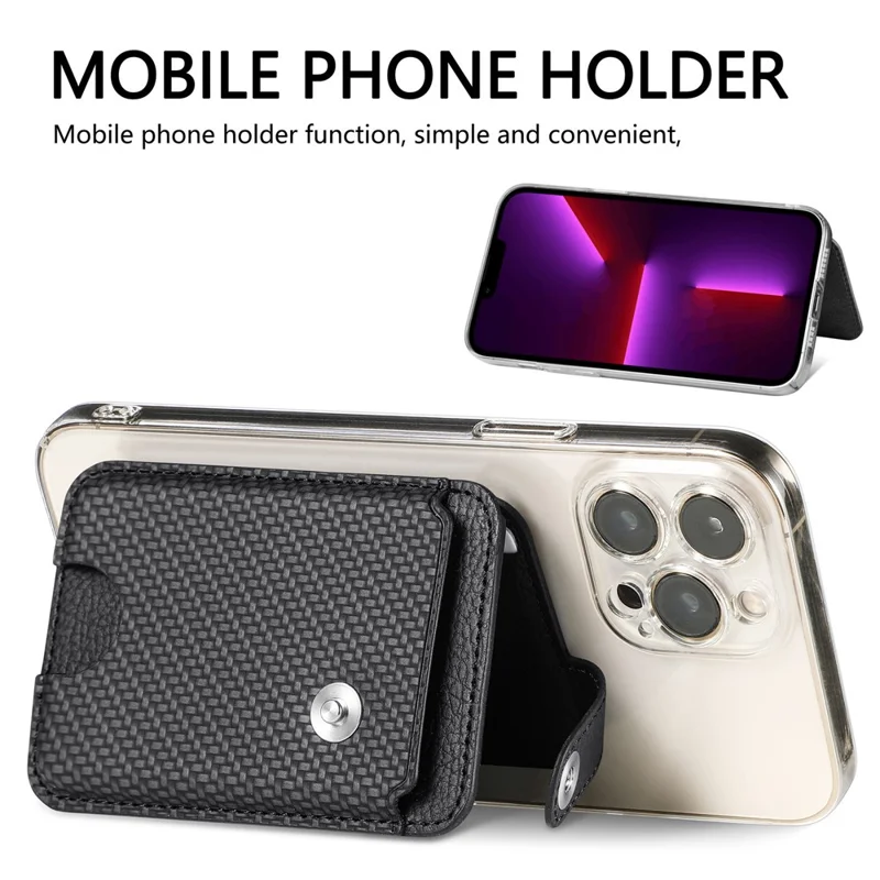 Phone Card Holder Carbon Fiber Texture Kickstand Adhesive PU Leather Card Bag - Black