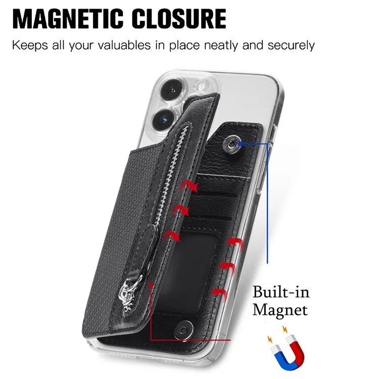 Zipper Card Holder Bag Kickstand Carbon Fiber Texture Leather Zipper Wallet - Black