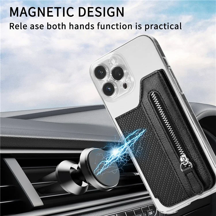 Zipper Card Holder Bag Kickstand Carbon Fiber Texture Leather Zipper Wallet - Black