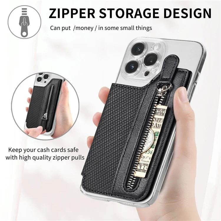 Zipper Card Holder Bag Kickstand Carbon Fiber Texture Leather Zipper Wallet - Black