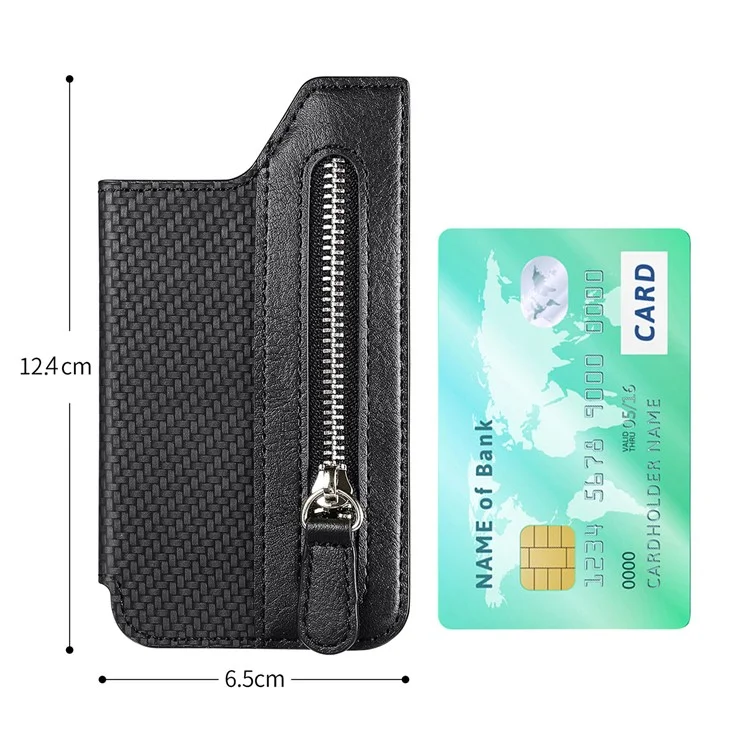 Zipper Card Holder Bag Kickstand Carbon Fiber Texture Leather Zipper Wallet - Black