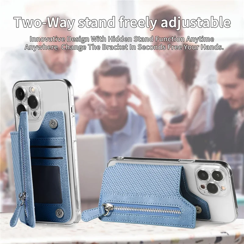 Zipper Card Holder Bag Kickstand Carbon Fiber Texture Leather Zipper Wallet - Blue